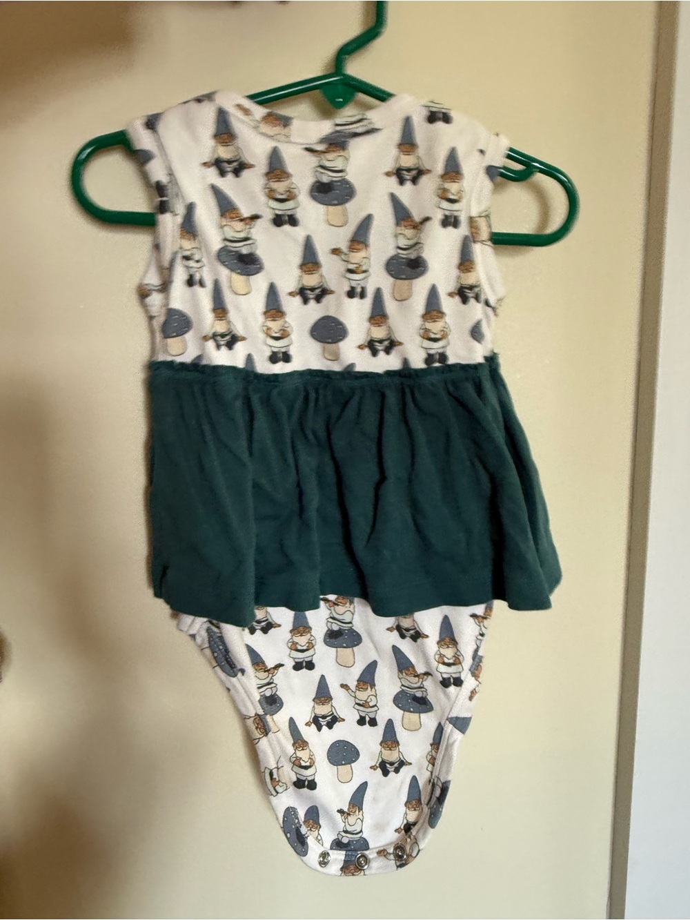 Gnome Print skirted Bodysuit with Forest Green Skirt kate quinn 12-18m